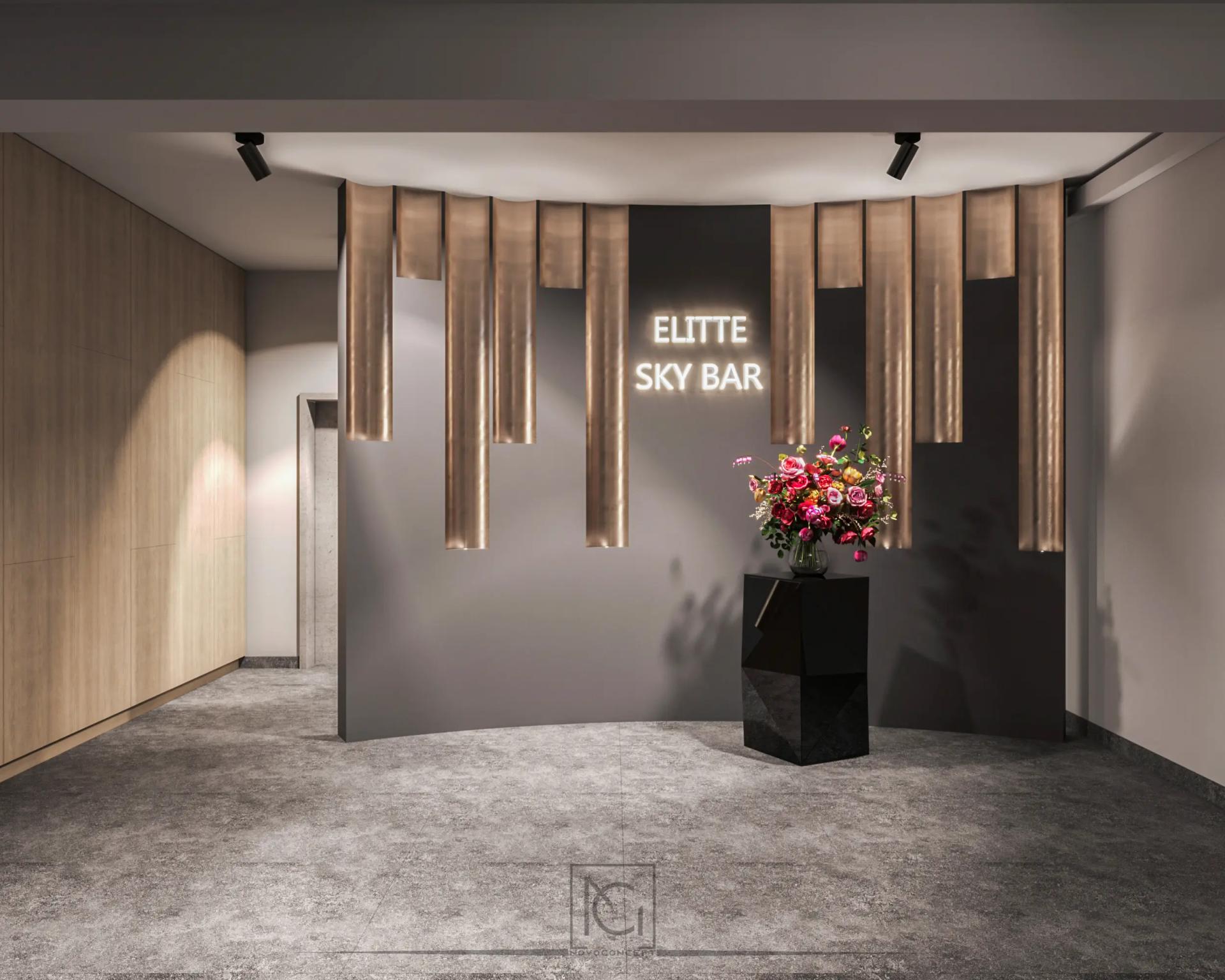 Randare 3D de intrare cu panouri metalice verticale și logo luminos pe perete gri – Elitte Skybar, Chiajna