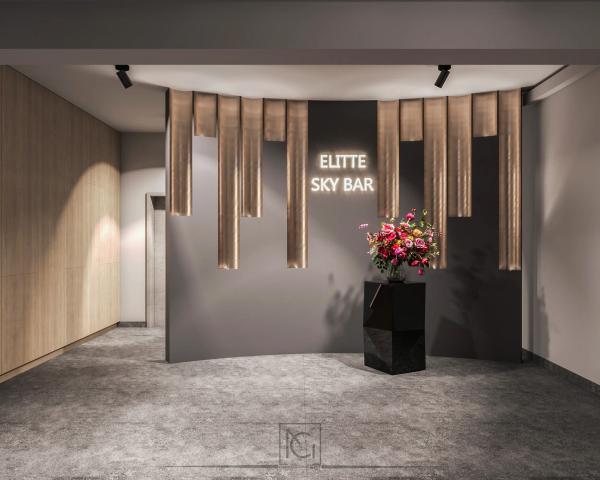 Randare de intrare Elitte Skybar cu panouri metalice verticale și logo luminos pe perete gri