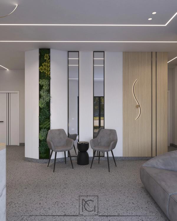 Randare 3D de colț de așteptare cu fotolii gri, perete vegetal și lamele – DelDent Clinic, Roșiorii de Vede