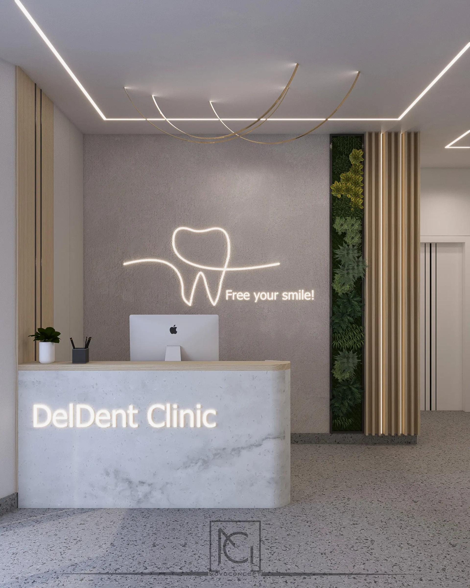 Randare de recepție DelDent Clinic cu birou din marmură albă, logo luminos și perete verde vertical