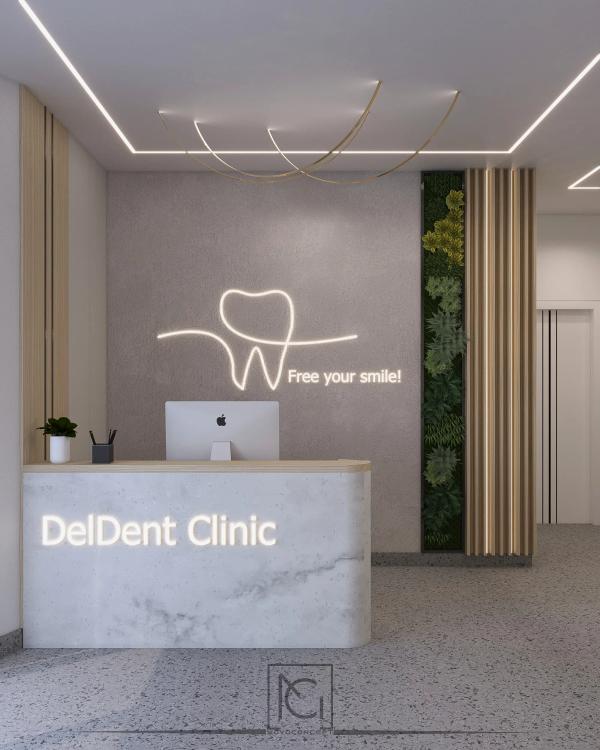 Randare de recepție DelDent Clinic cu birou din marmură albă, logo luminos și perete verde vertical