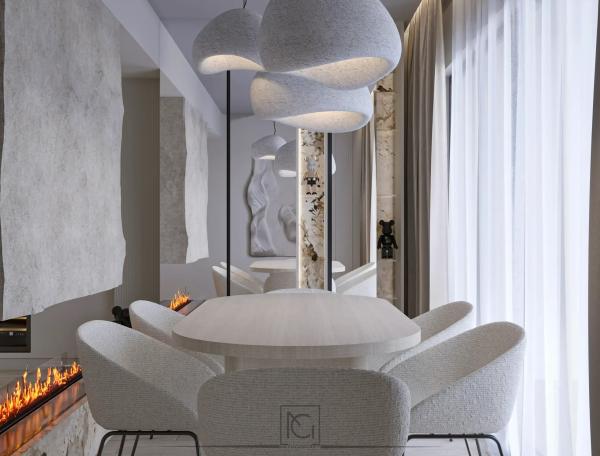 Randare 3D de dining cu masă ovală, scaune bouclé albe și lustre suspendate tip nor – Apartament J.S., București