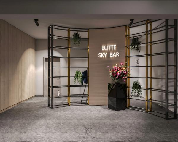 Randare de hol cu perete curbat, rafturi metalice cu plante și logo Elitte Sky Bar
