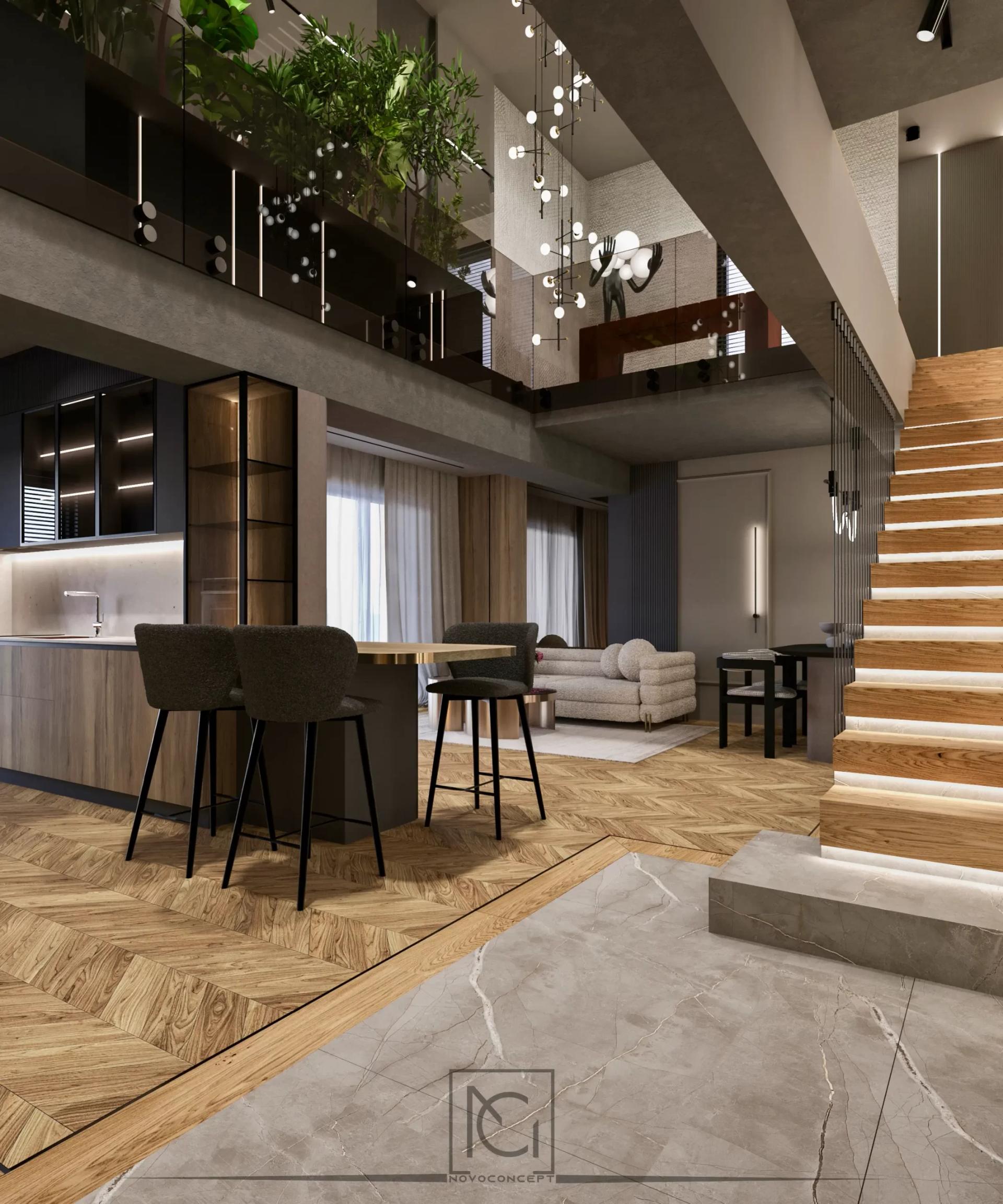 Randare de penthouse cu scară din lemn, bucătărie cu scaune de bar și pardoseală din marmură și parchet