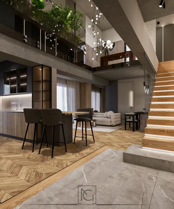 Randare de penthouse cu scară din lemn, bucătărie cu scaune de bar și pardoseală din marmură și parchet
