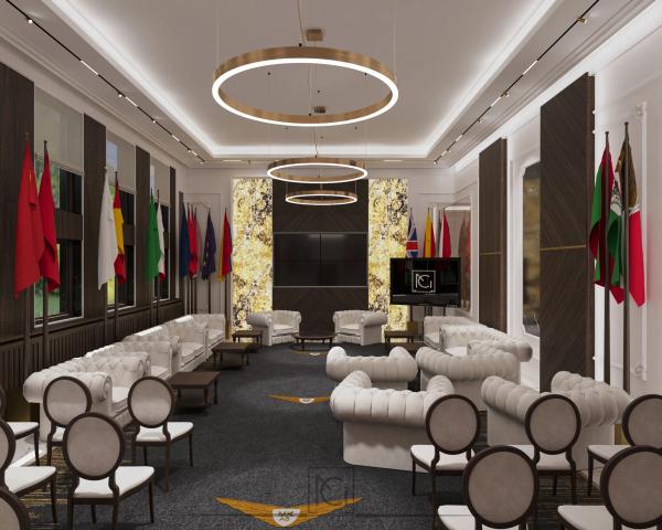 Randare 3D de sală de conferințe cu lustre circulare aurii, fotolii albe și scaune clasice – Baza M.K., România