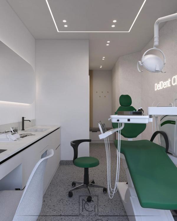 Randare 3D de cabinet îngust cu unit verde și blat alb de lucru – DelDent Clinic, Roșiorii de Vede