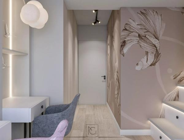 Randare 3D de cameră de copii cu birou alb, scaune colorate și tapet roz cu pești – Apartament J.S., București