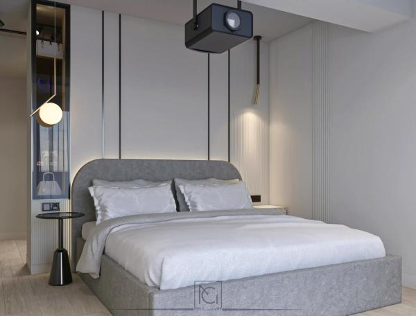 Randare 3D de dormitor cu pat tapițat gri, tăblie rotunjită și proiector pe tavan – Apartament J.S., București