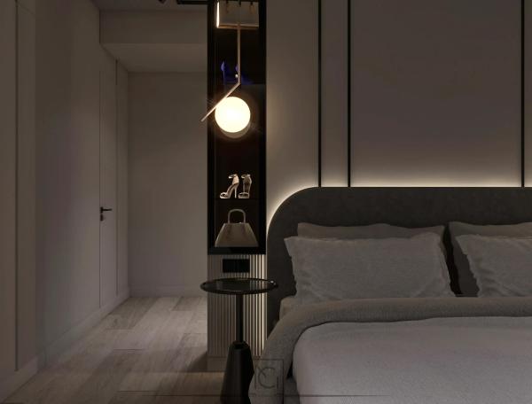 Randare 3D de colț de dormitor cu noptieră neagră, nișă cu vitrine și lumină caldă – Apartament J.S., București