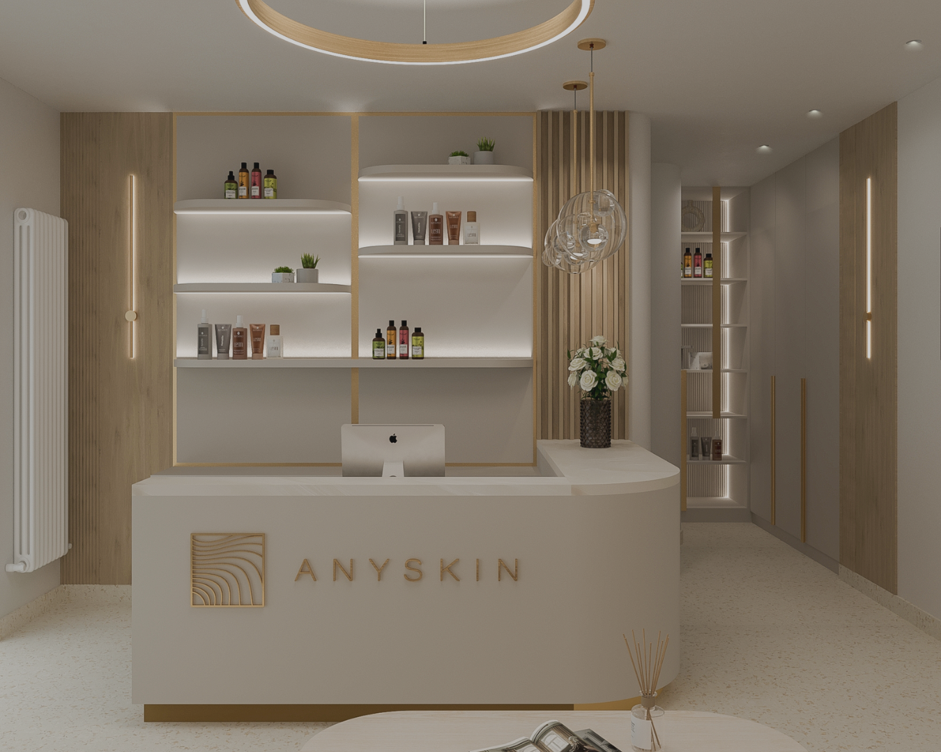 Randare de recepție ANYSKIN cu birou crem, rafturi iluminate cu produse și lustră inelară aurie