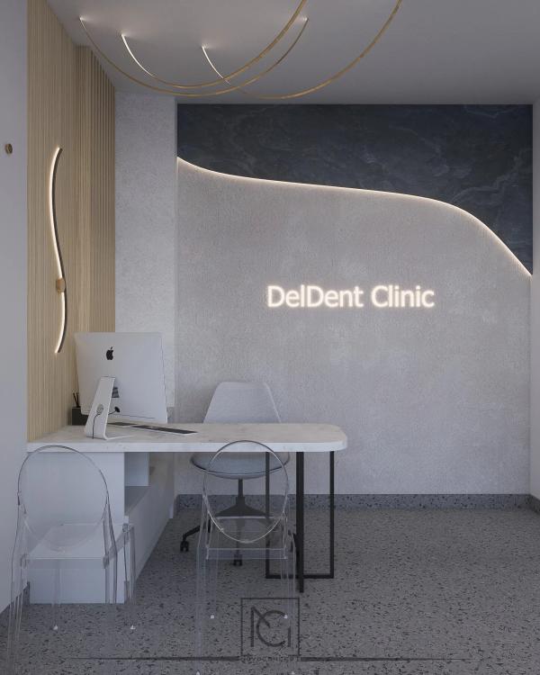 Randare de birou de consultații cu logo DelDent Clinic luminos și scaune transparente