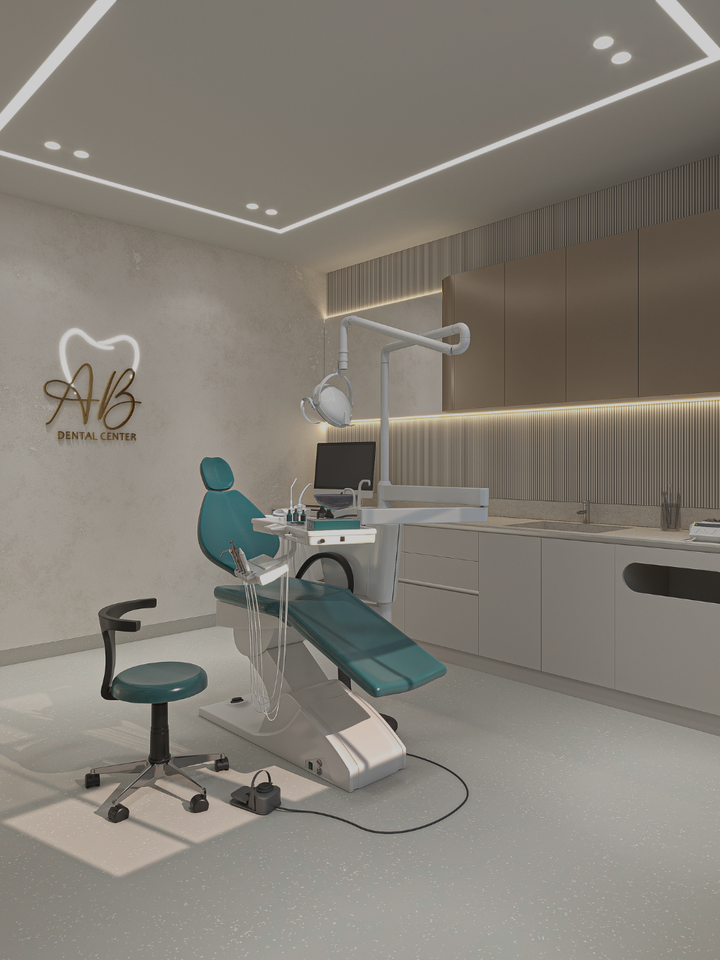 Cabinet stomatologic AB Dental Center cu unit turcoaz, mobilier gri deschis și logo auriu pe perete