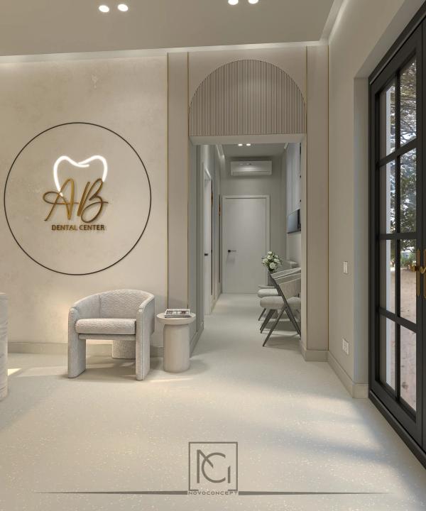 Hol de clinică cu fotoliu bej, logo AB Dental Center luminos și arcadă spre cabinete