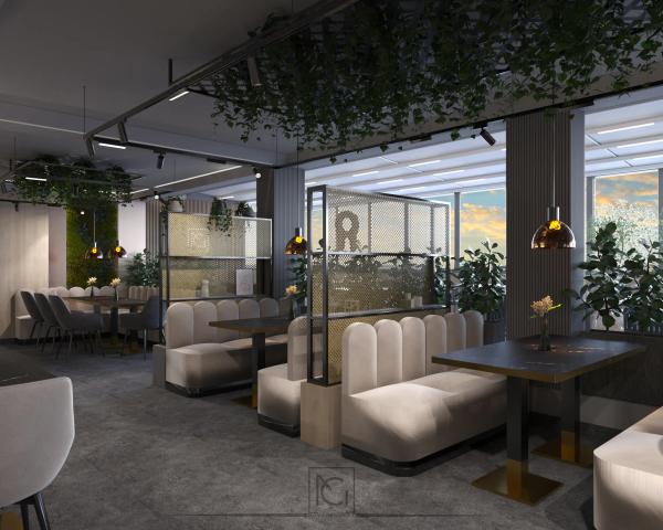 Randare 3D de separeuri cu banchete albe, paravan metalic și vedere spre oraș – Elitte Skybar, Chiajna