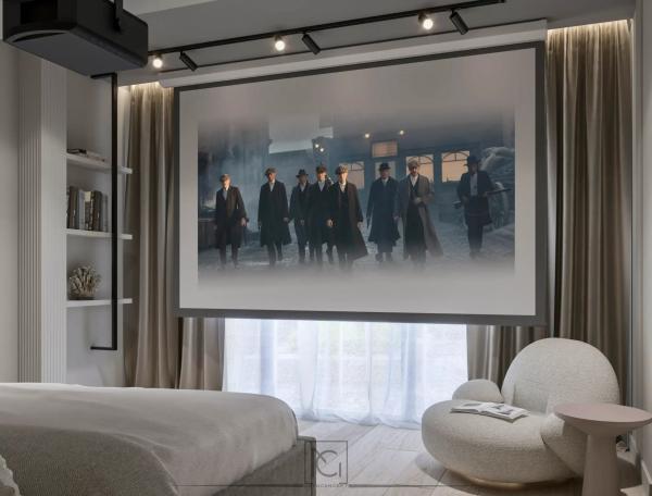 Randare 3D de dormitor cu ecran de proiecție coborât în fața ferestrei – Apartament J.S., București