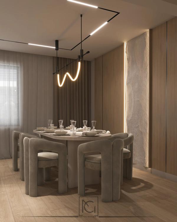 Randare de dining cu masă dreptunghiulară, scaune tapițate gri și corp de iluminat sinuos