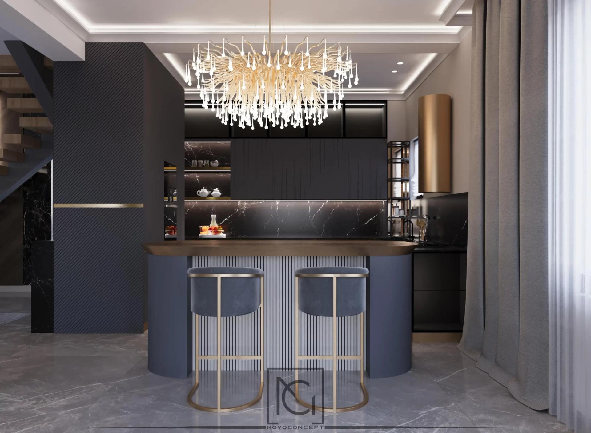 Randare de bucătărie cu insulă curbată albastră riflată, backsplash din marmură neagră și hotă bronz
