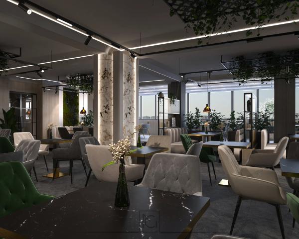 Randare 3D de skybar cu mese din marmură neagră, fotolii capitonate și plante suspendate – Elitte Skybar, Chiajna