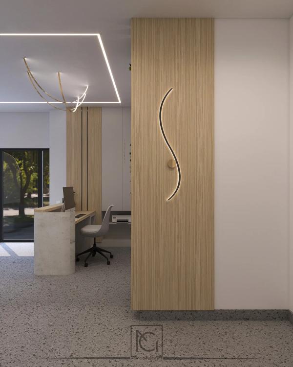 Randare 3D de hol cu panou din lemn cu linie luminoasă și recepție în fundal – DelDent Clinic, Roșiorii de Vede