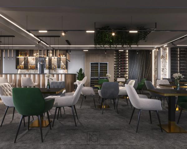 Randare 3D de sală cu bar, vinotecă și fotolii albe și verzi la mese cu blat negru – Elitte Skybar, Chiajna