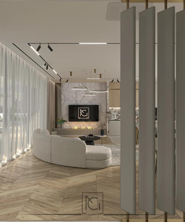 Randare de living văzut printre lamele verticale decorative, cu canapea curbată