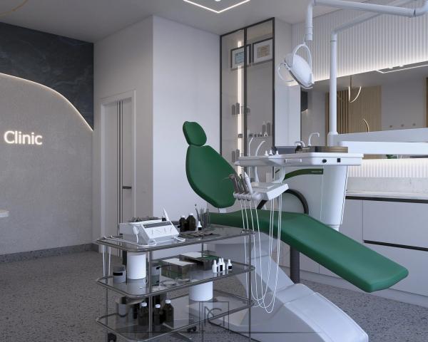Randare 3D de cabinet cu unit verde, cărucior de instrumente și perete cu val luminos – DelDent Clinic, Roșiorii de Vede