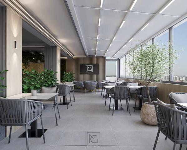 Randare 3D de terasă vitrată cu scaune gri împletite și măslin în ghiveci – Elitte Skybar, Chiajna