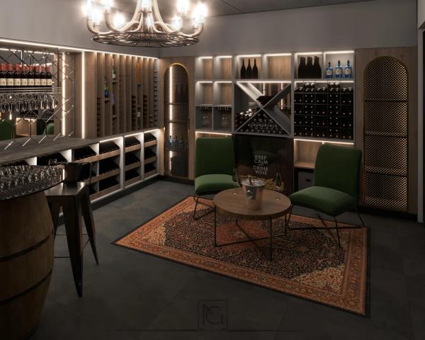 Randare 3D de cramă cu rafturi iluminate, fotolii verzi și covor oriental – Elitte Skybar, Chiajna