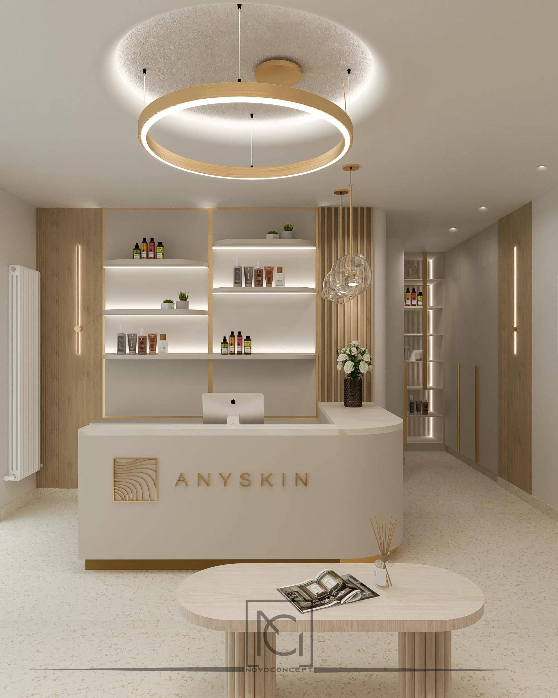 Randare de recepție de clinică estetică cu logo ANYSKIN, măsuță ovală și rafturi cu produse