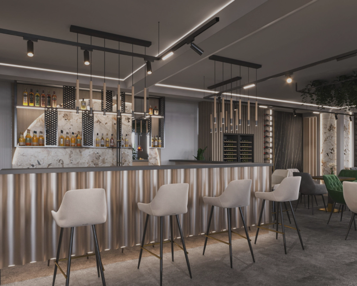 Randare de bar Elitte Skybar cu front ondulat metalic, scaune înalte bej și rafturi de băuturi