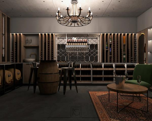 Randare 3D de cramă cu butoaie, rafturi de vin, lustră din fier și covor persan – Elitte Skybar, Chiajna