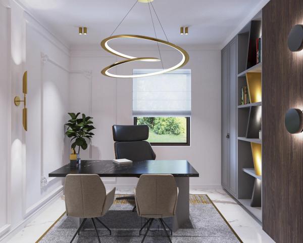Randare 3D de birou cu baghete albe, bibliotecă cu nișe aurii și lustră spirală – Baza M.K., România