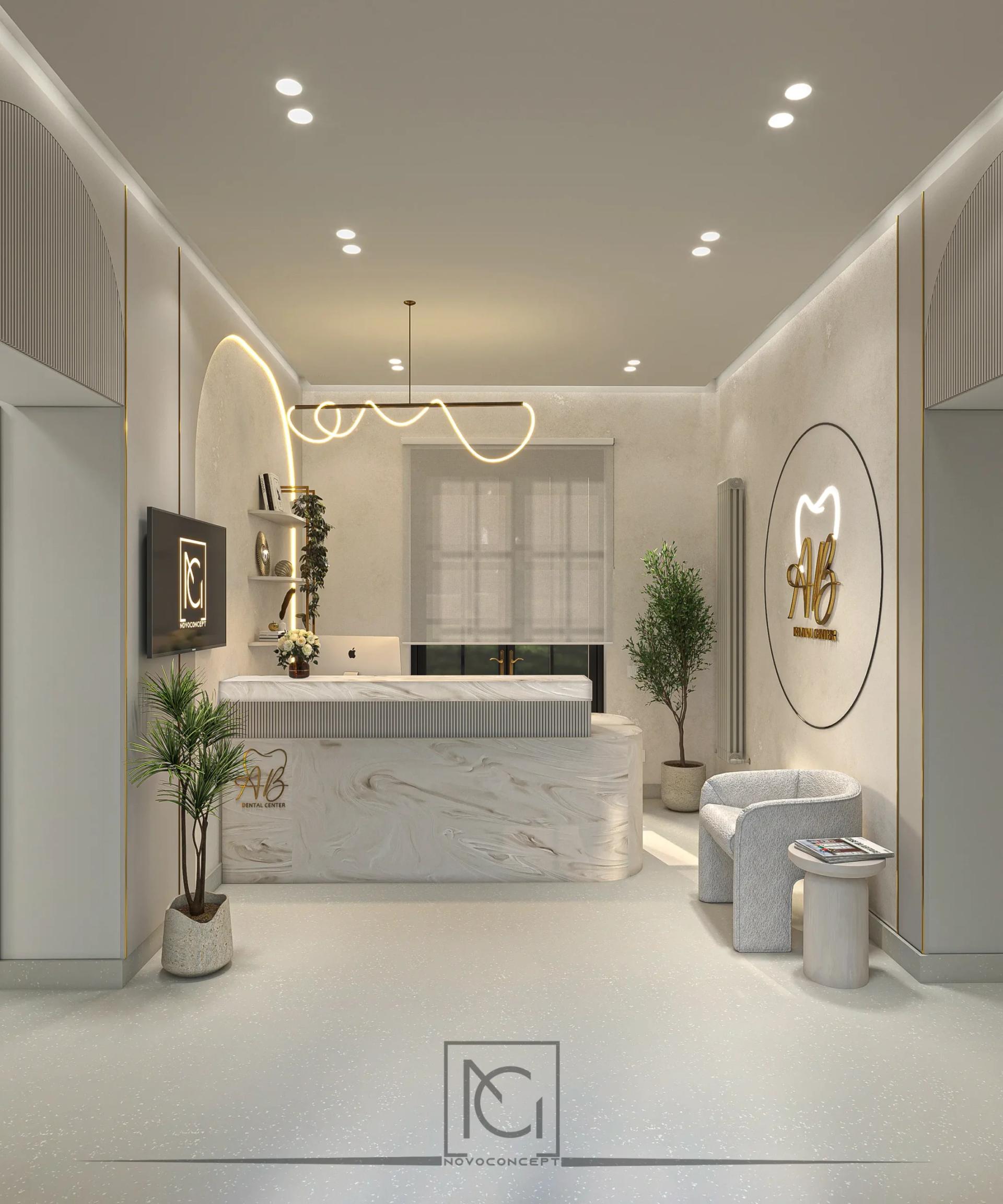 Recepția AB Dental Center cu birou din marmură, logo luminos rotund și lampă suspendată sinuoasă