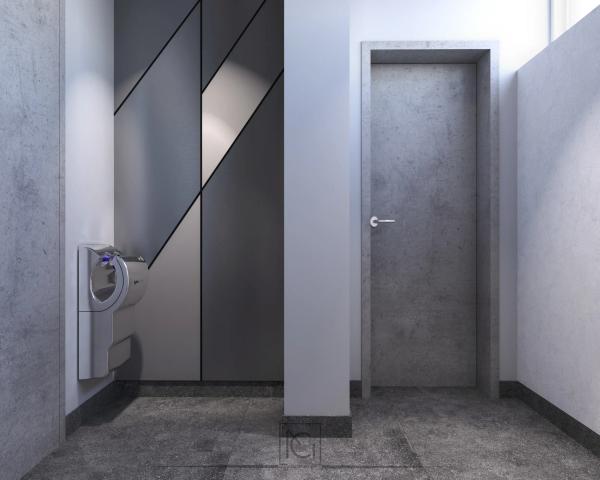 Randare 3D de hol de toalete cu panouri gri în diagonală și ușă gri – Elitte Skybar, Chiajna