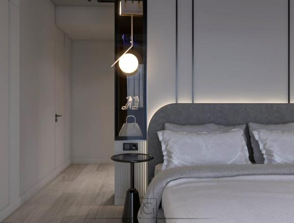 Randare 3D de dormitor cu tăblie gri iluminată din spate și aplică cu glob pe nișă neagră – Apartament J.S., București