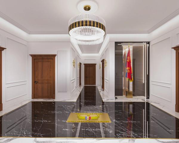Randare 3D de hol cu pardoseală din marmură neagră, uși din lemn și lustră – Baza M.K., România