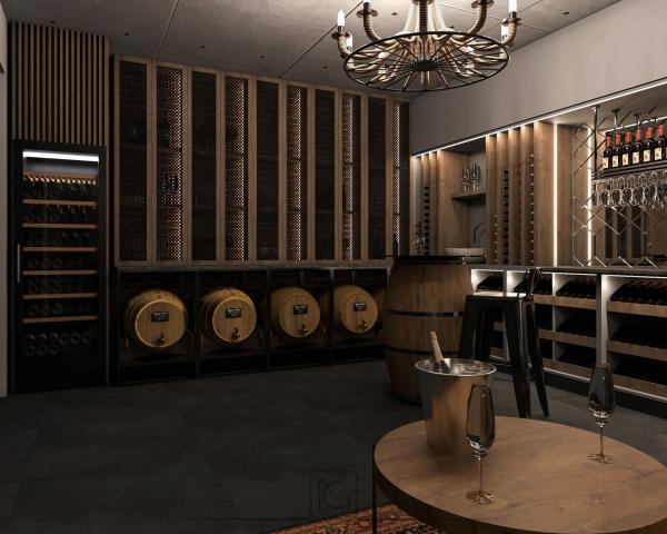 Randare 3D de cramă cu butoaie de vin, vinotecă și masă rotundă din lemn – Elitte Skybar, Chiajna
