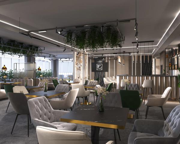 Randare 3D de sală cu fotolii capitonate, plante pe tavan și bar în fundal – Elitte Skybar, Chiajna