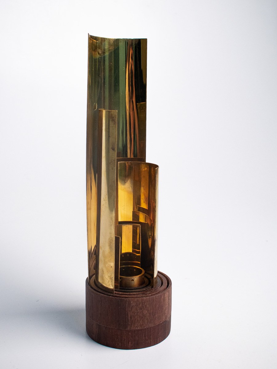 In Limbo — detail looking down into the brass and oak lamp housing.