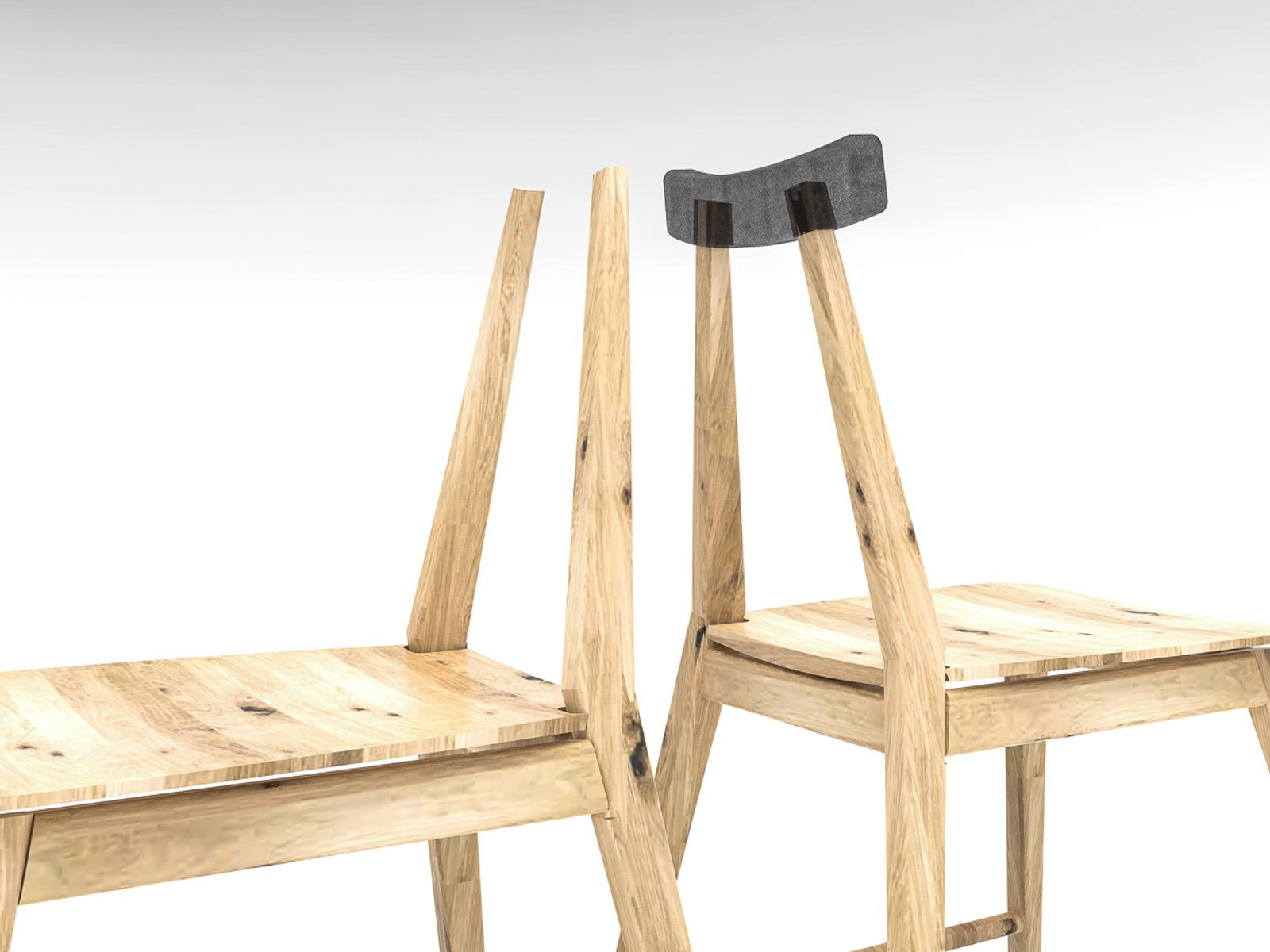 Ryoku — render comparing a bare oak backrest post to one fitted with the rubber piece.