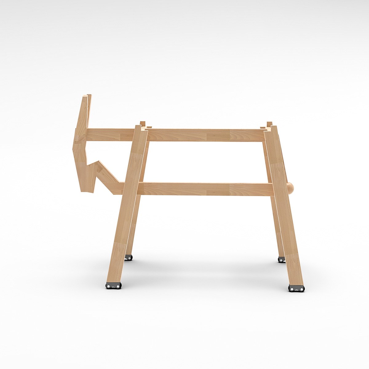 Donkey by NOEMAR — side render of the assembled stool frame, showing the donkey-eared leg and rear ball foot.