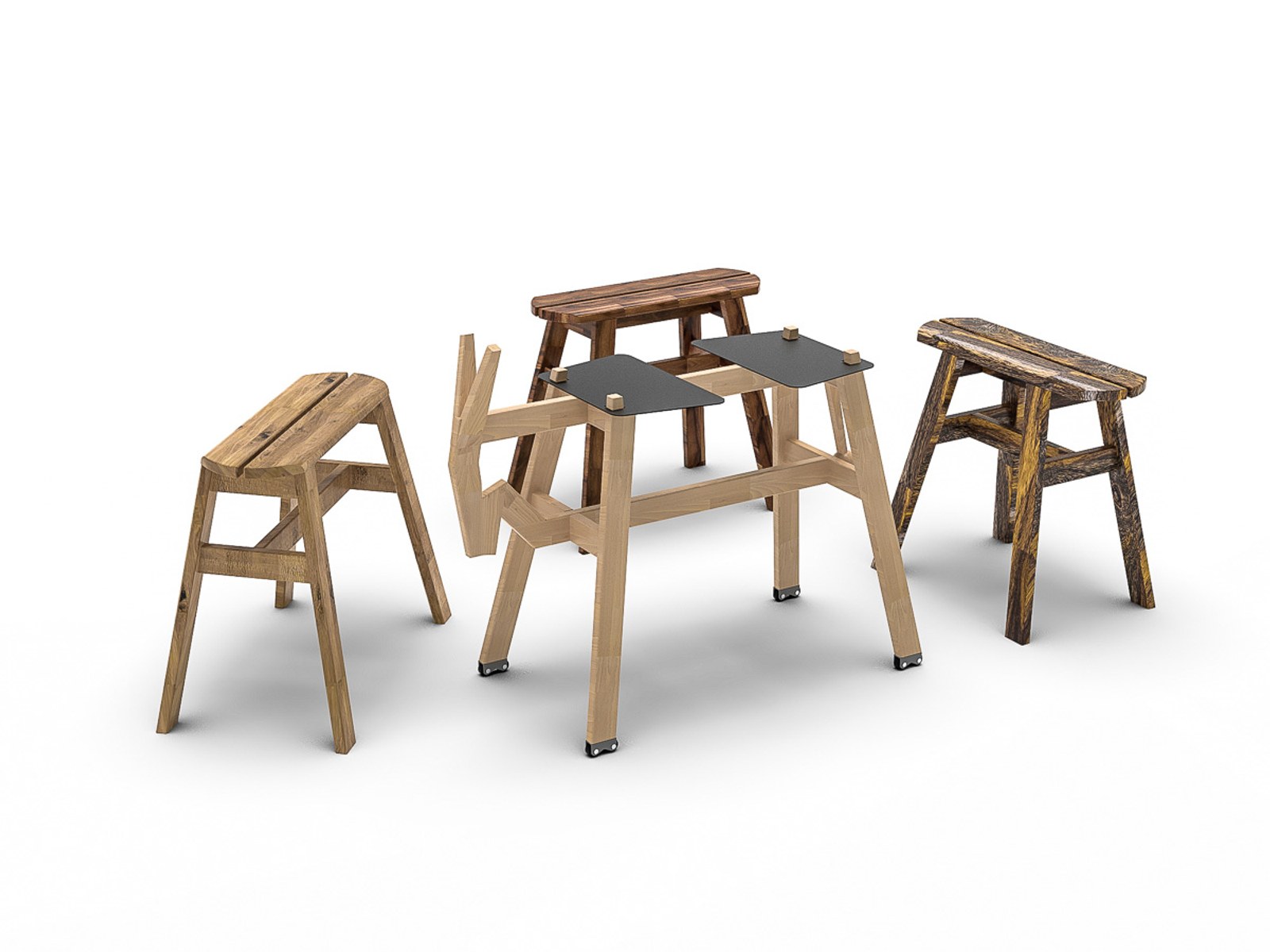 Donkey by NOEMAR — four stool variants in different woods and finishes, one with a folded leg and slate-grey seat tabs.
