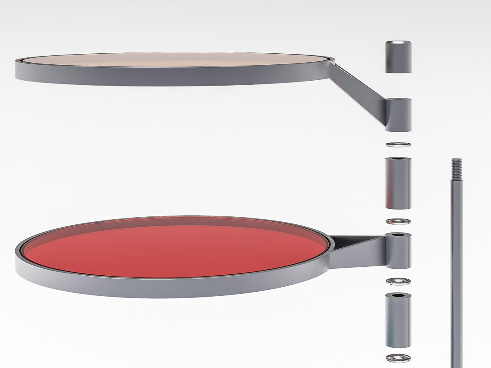 FLTR by NOEMAR — exploded side-view render showing how each disc's frame and glass attach to the stand.