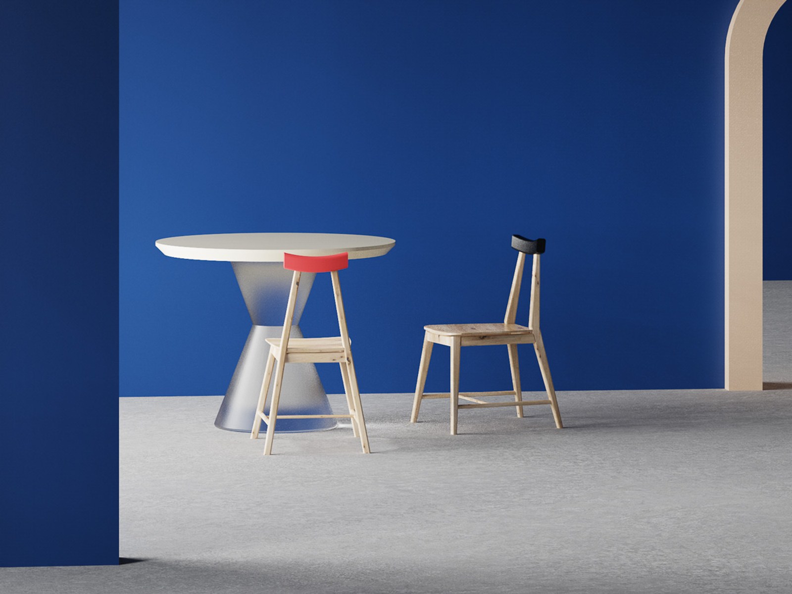 Ryoku — render showing red and black backrest variants at a round side table.
