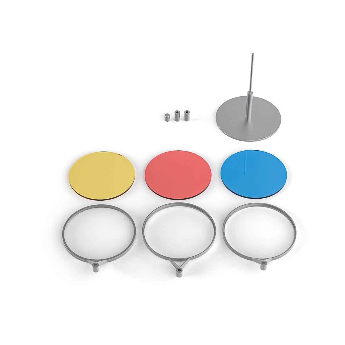 FLTR by NOEMAR — exploded render of the yellow, red and blue discs, their frames, and the central stand.