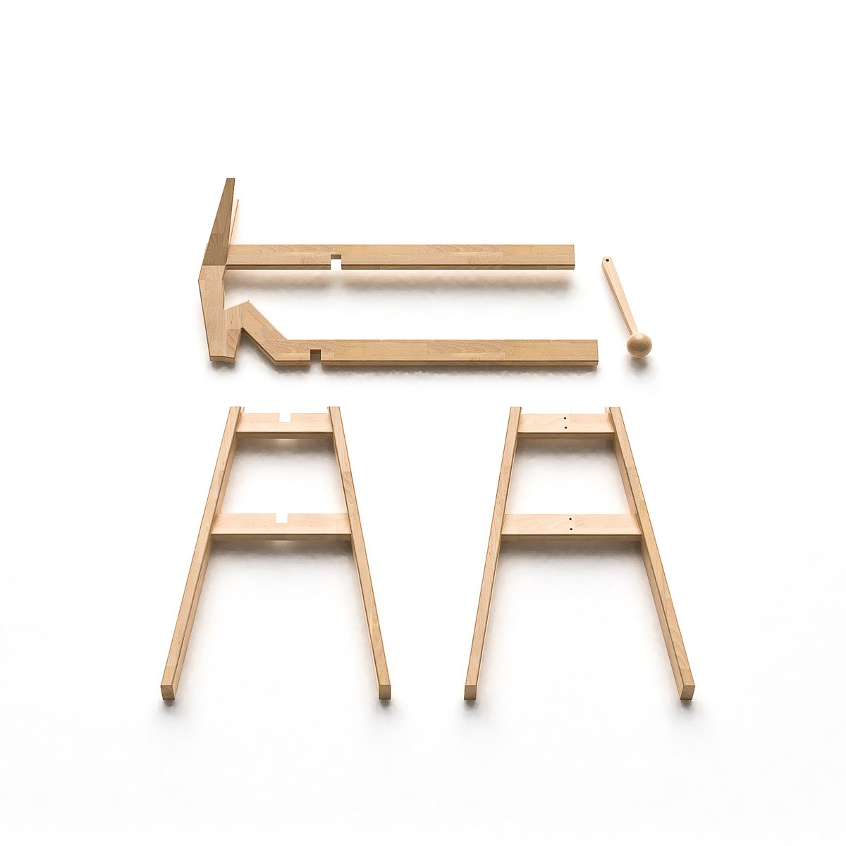 Donkey by NOEMAR — exploded render of the stool's top rails, mallet, and leg frames.