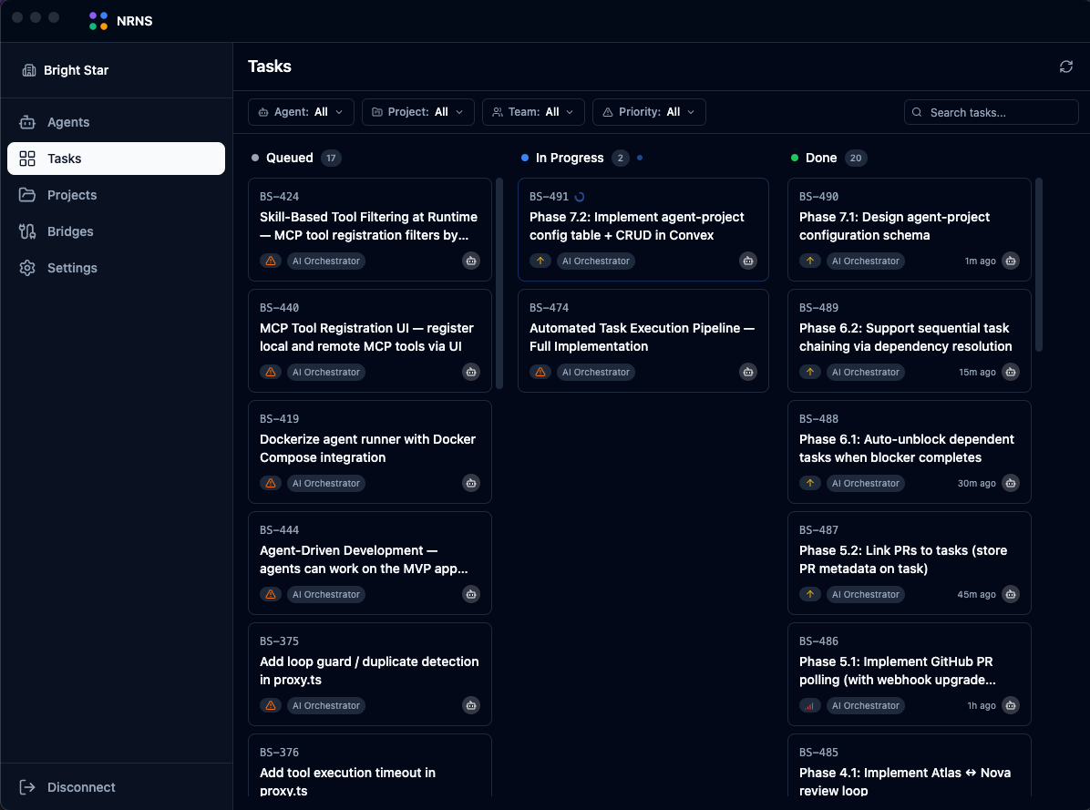 NRNS task board showing AI Orchestrator agent working through tasks: 17 queued, 2 in progress, 20 done