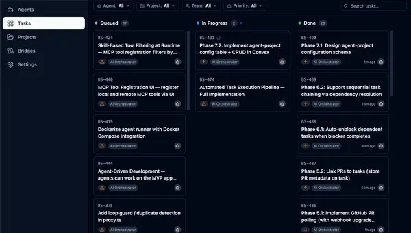 NRNS task board showing AI Orchestrator agent working through tasks: 17 queued, 2 in progress, 20 done