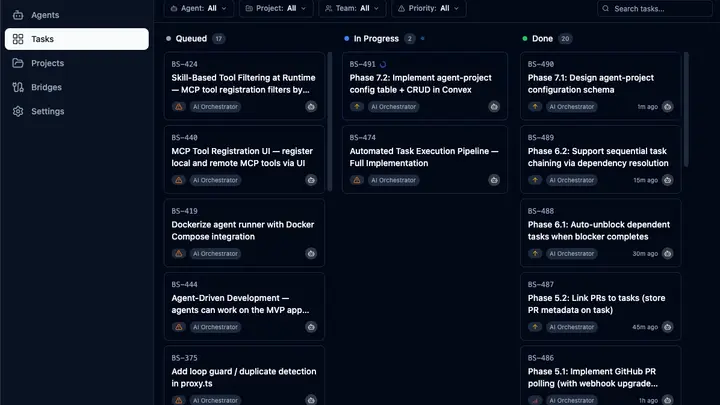 NRNS task board showing AI Orchestrator agent working through tasks: 17 queued, 2 in progress, 20 done